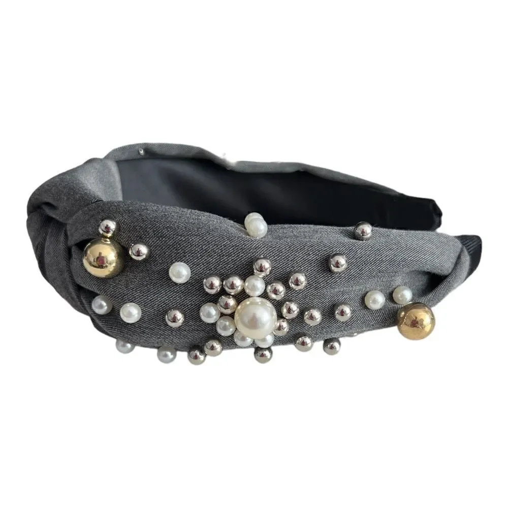 Cloth Headbands Tie For Women Top Knot Headband With Faux Pearls Denim.